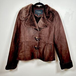VTG PASHA & JO New York Faux Suede Leather Fur Jacket Women's Size Large Brown
